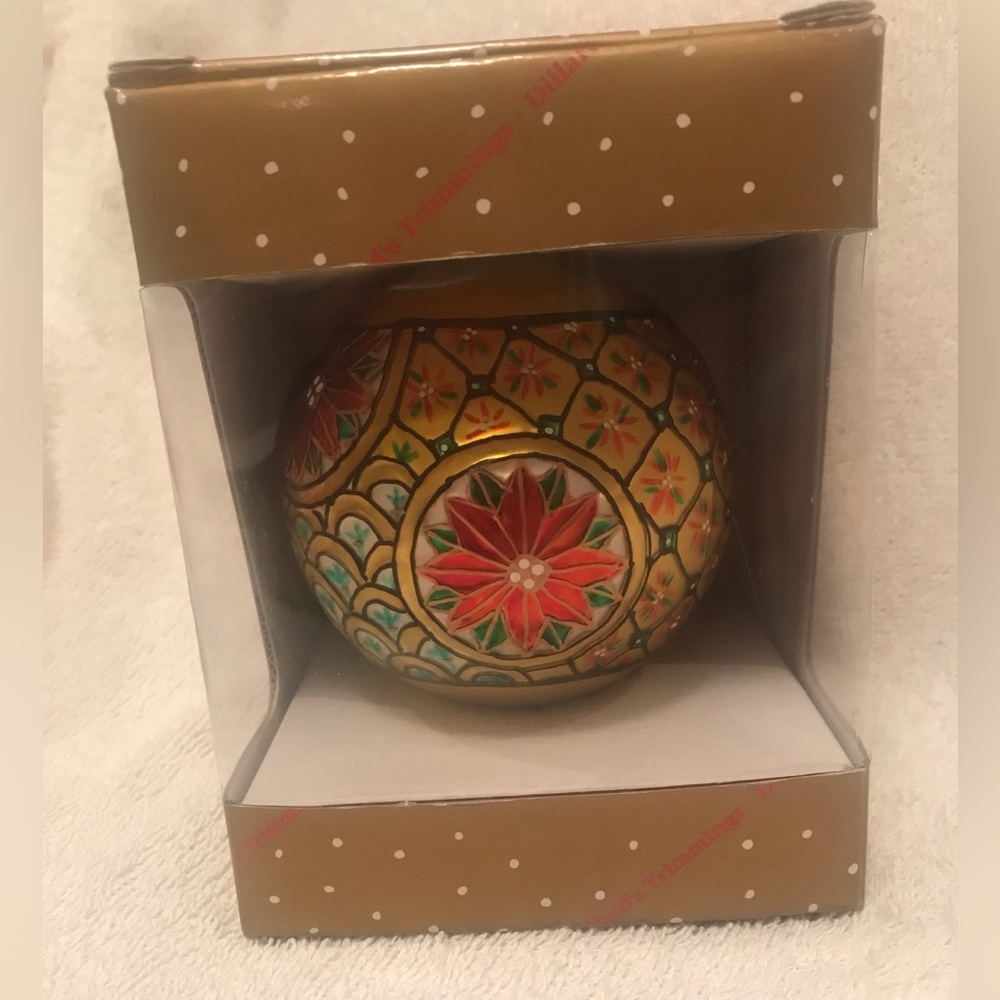 Dillards Large 3 1/4" Christmas Ornament Big Gold Ball Poinsettia Design  Box